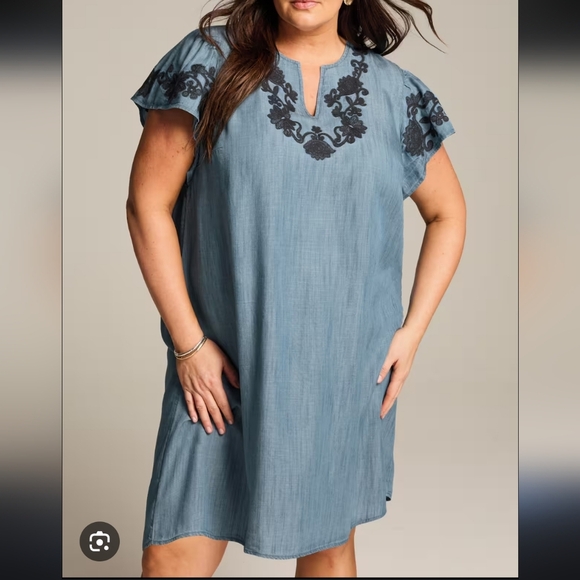 J Jill Embroidered Indigo Flutter-Sleeve Dress Size Large A-line Lyocell Denim - Picture 3 of 9
